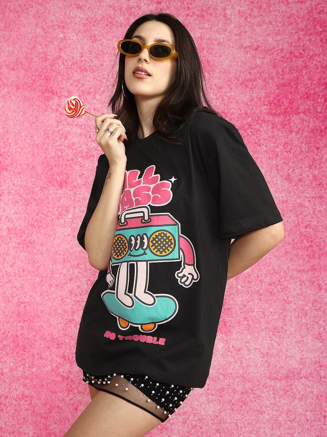 All Bass Black Oversized Graphic Printed T-Shirt