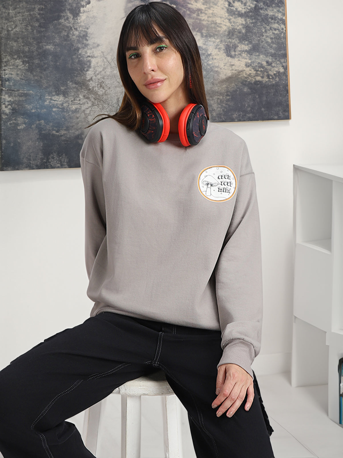 Open Your Mind Graphic Printed Oversized Grey Sweatshirt