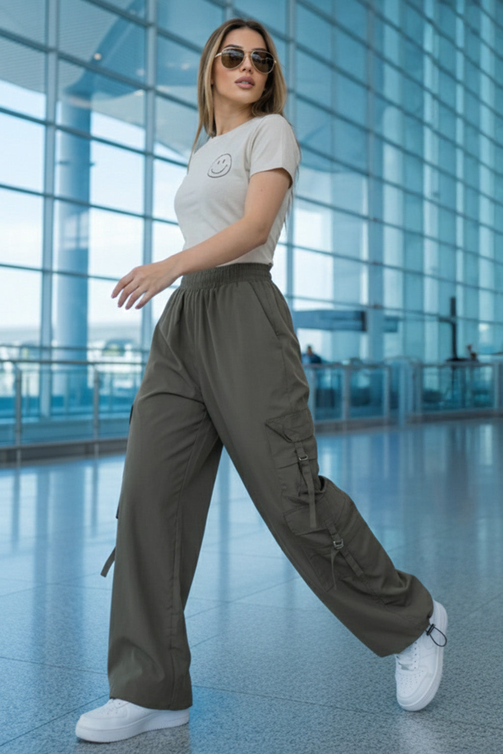 Grey 6-Pocket Drawcord Straight Fit Parachute Pant