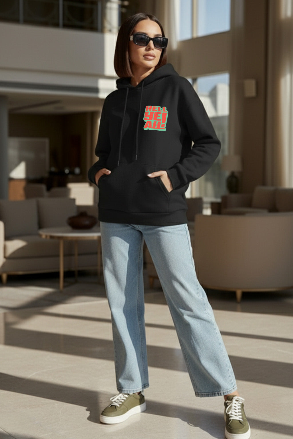 Hell Yeah Printed Black Oversized Hoodie