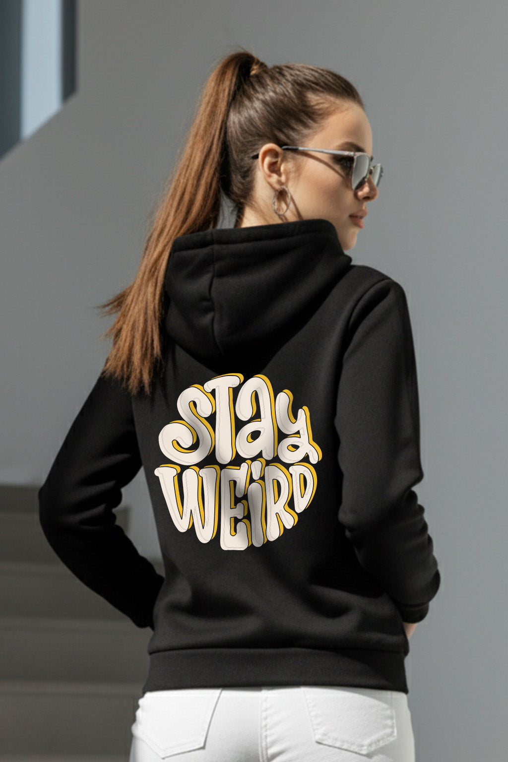 Stay Weird Black Regular Fit Back Printed Hoodie