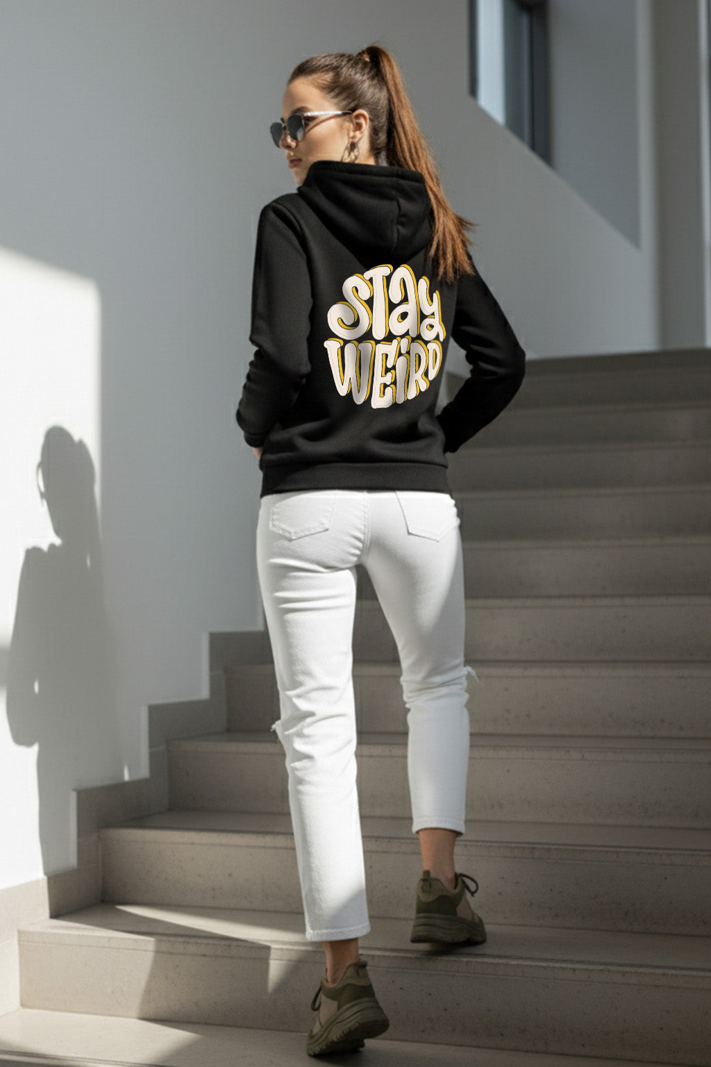 Stay Weird Black Regular Fit Back Printed Hoodie