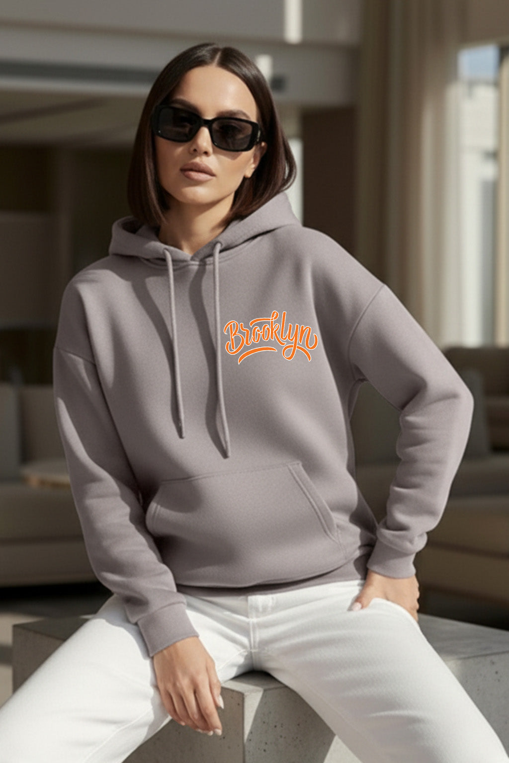 Brooklyn Typographic Printed Grey Oversized Hoodie