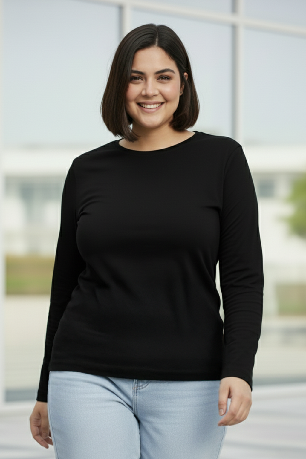 Black Plain Full Sleeve Plus Size T-shirt