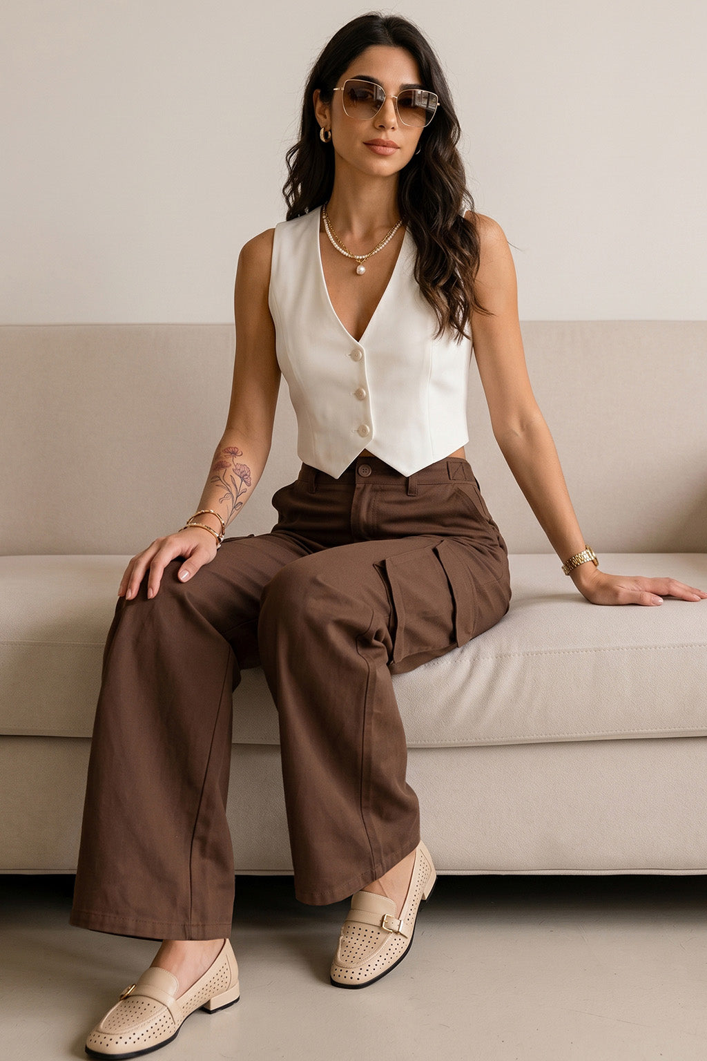Brown Plain 5 Pocket Straight Fit Woven Cargo