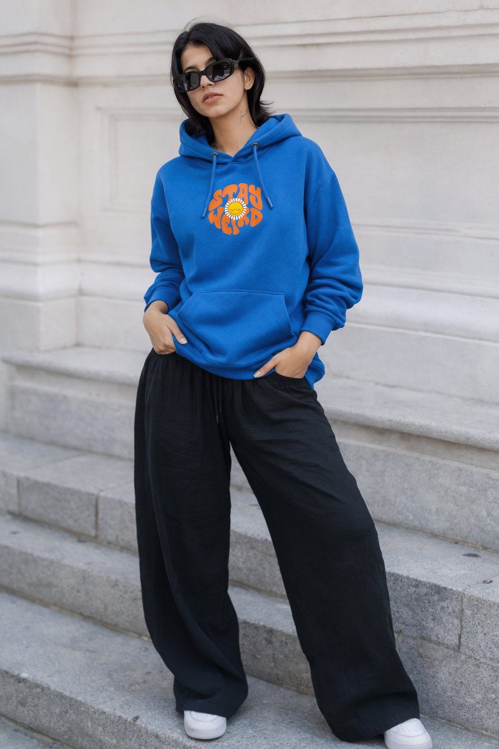 Stay Weird Blue Printed Oversized Hoodie