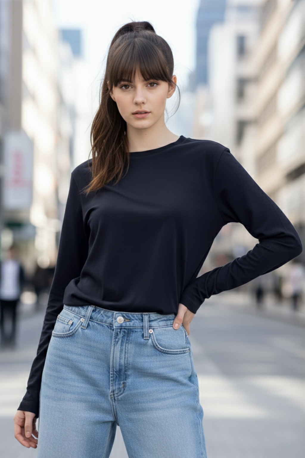 Navy Plain Full Sleeve Regular Fit T-Shirt