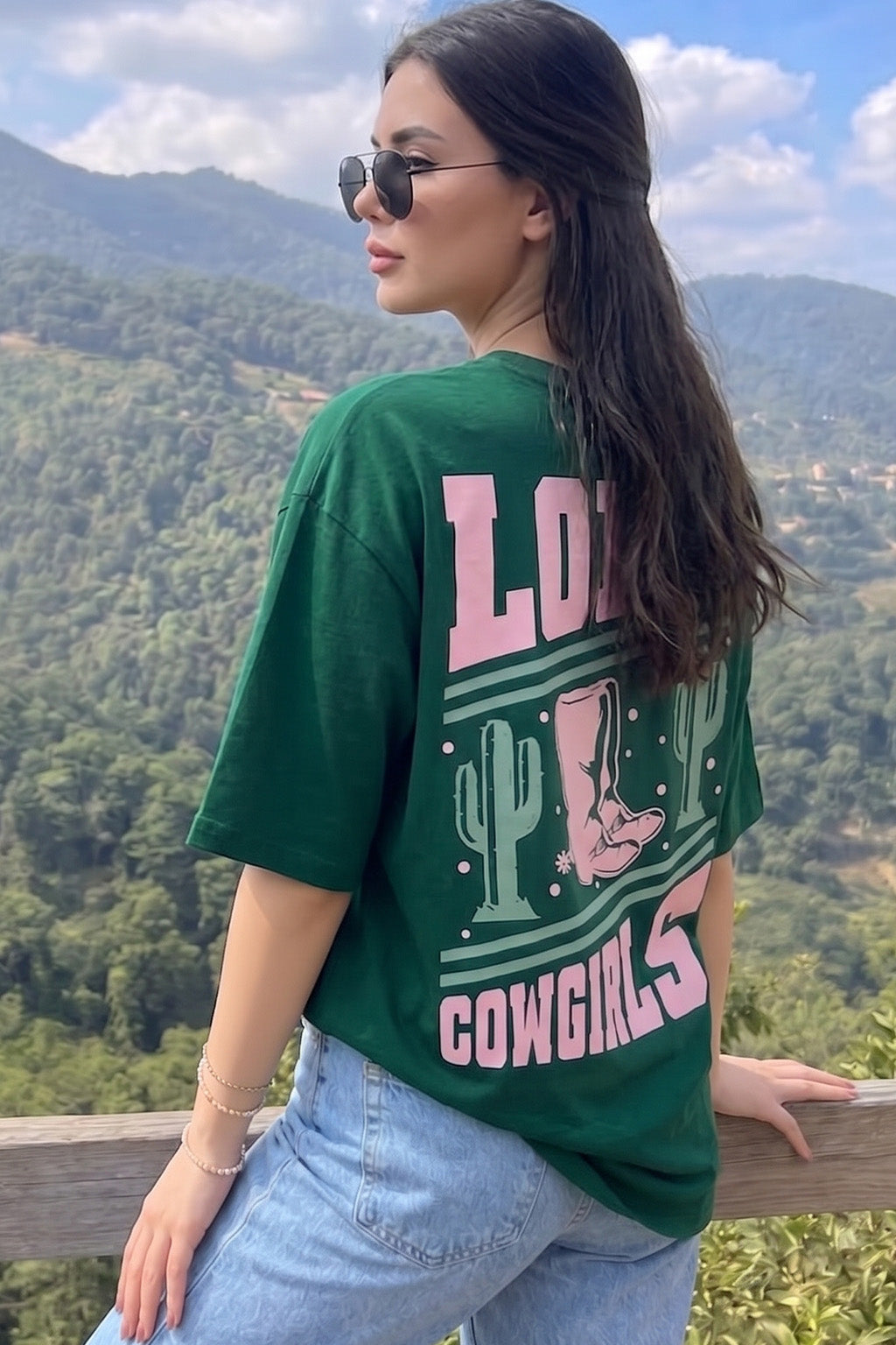 Cow Girl Green Oversized Graphic T-Shirt