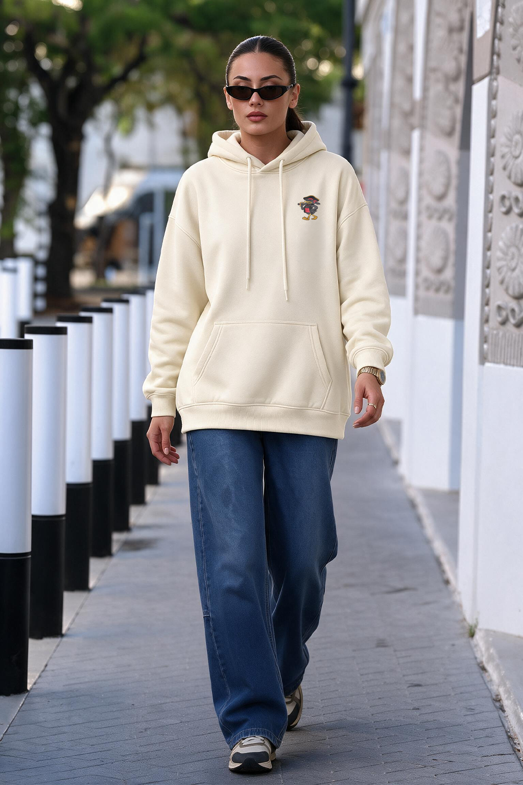 Duck Graphic Printed Off White Oversized Hoodie