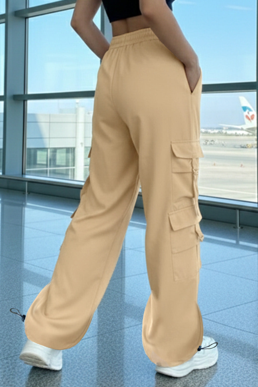Beige 6-Pocket Drawcord Straight Fit Parachute Pant