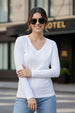 White V-Neck Plain Full Sleeve Regular Fit T-Shirt