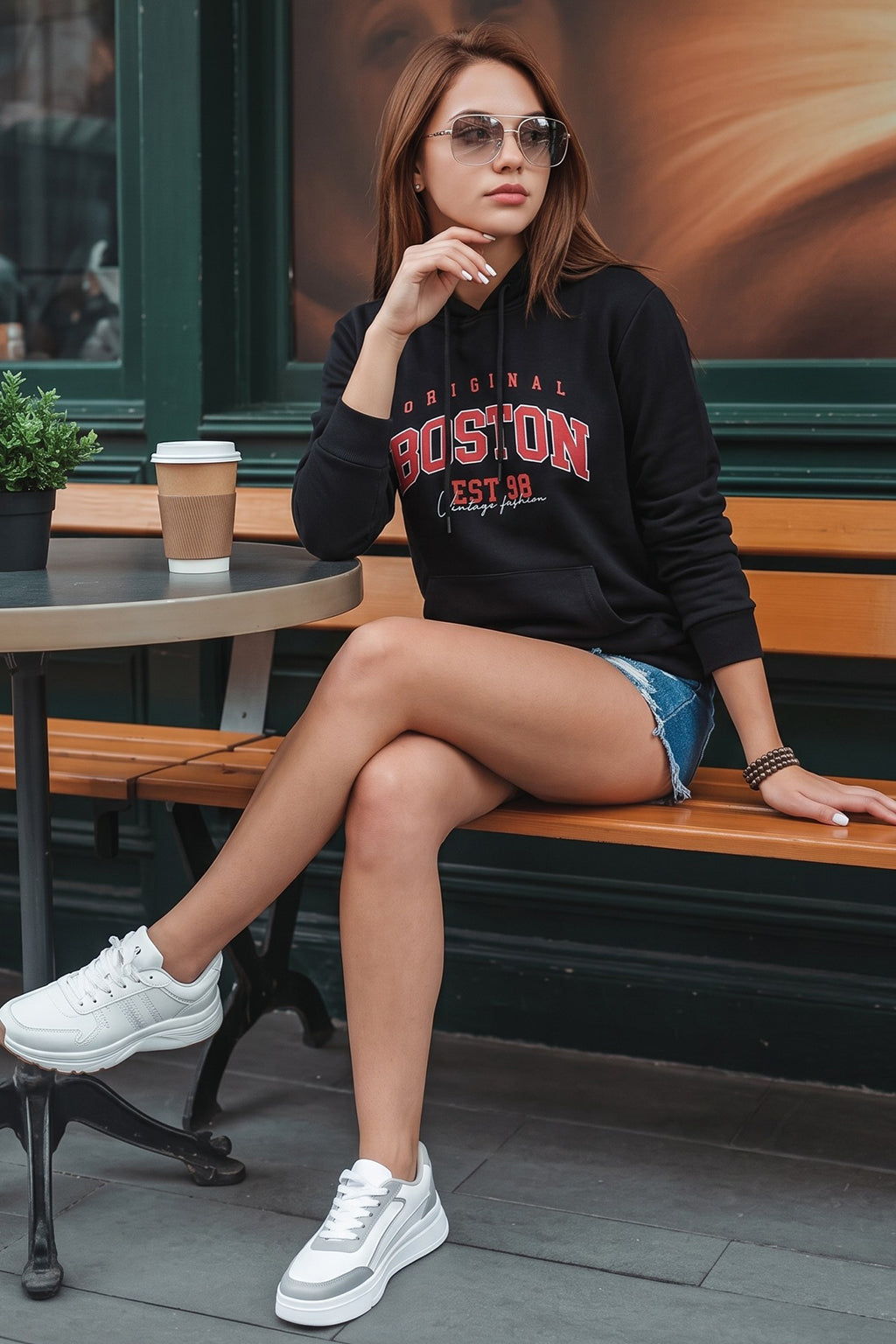 Boston Black Regular Fit Front Printed Hoodie