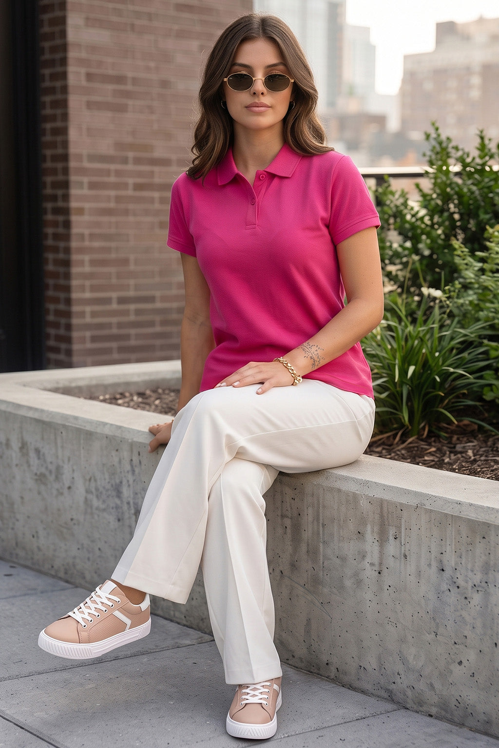 Bright  Pink Plain Cotton Regular Slim Fit Polo T-Shirt