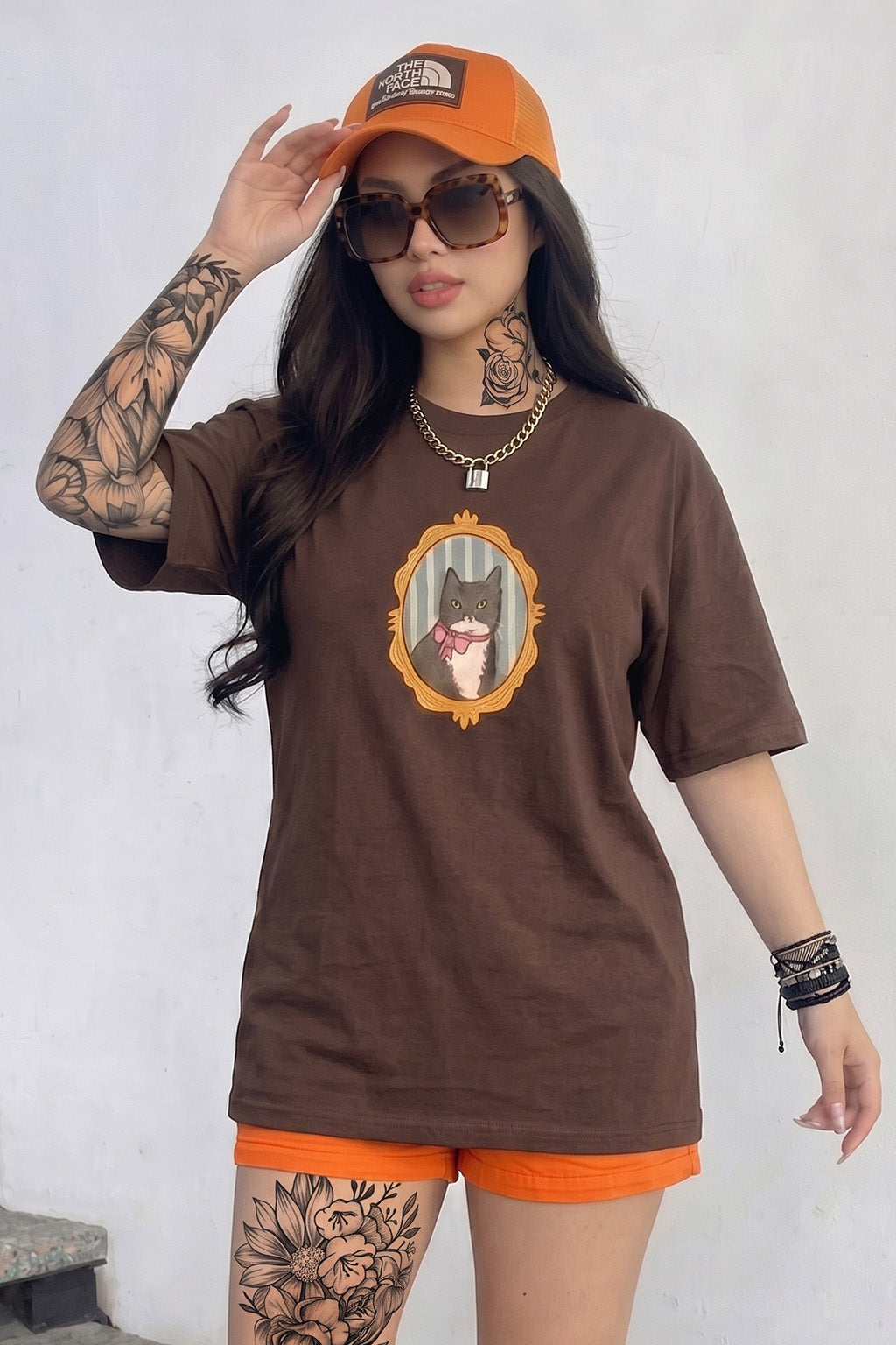 Kitten Brown Oversized Graphic Printed T-Shirt