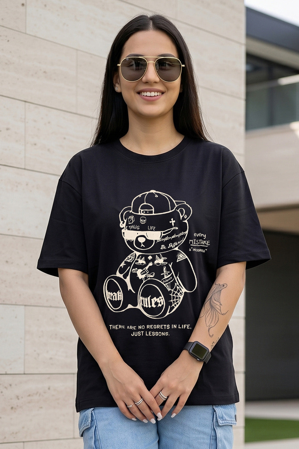 Break Rules Black Graphic Printed Oversized T-Shirt