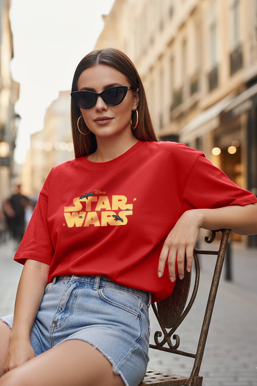 Star War Red Oversized Front Typo Graphic Printed T-Shirt