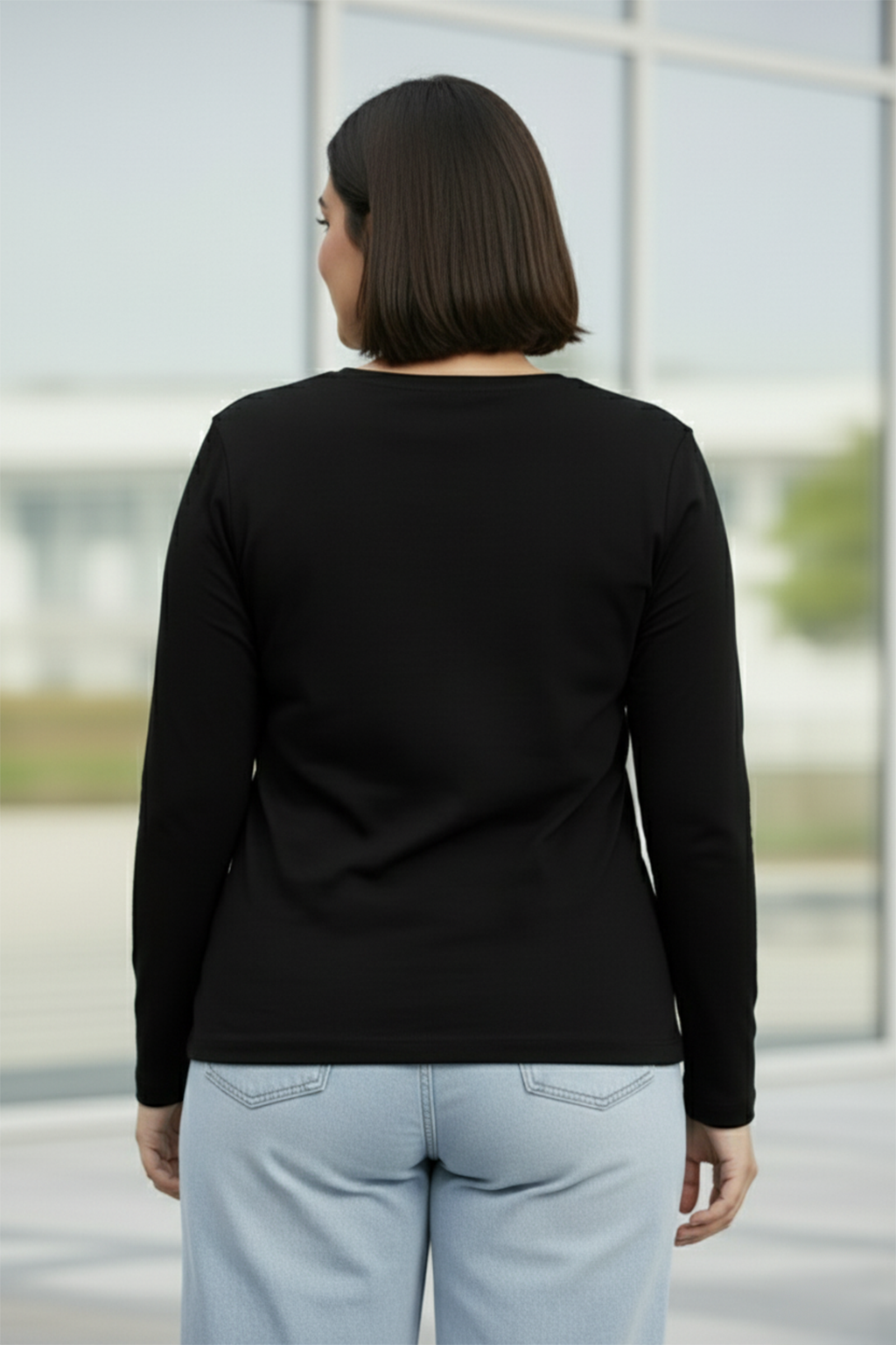 Black Plain Full Sleeve Plus Size T-shirt