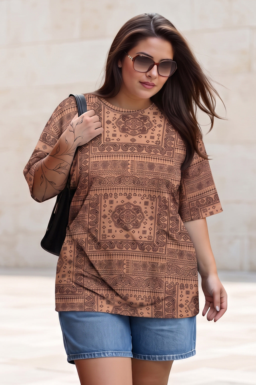 Paisley Beige Plus Size Oversized T-shirt