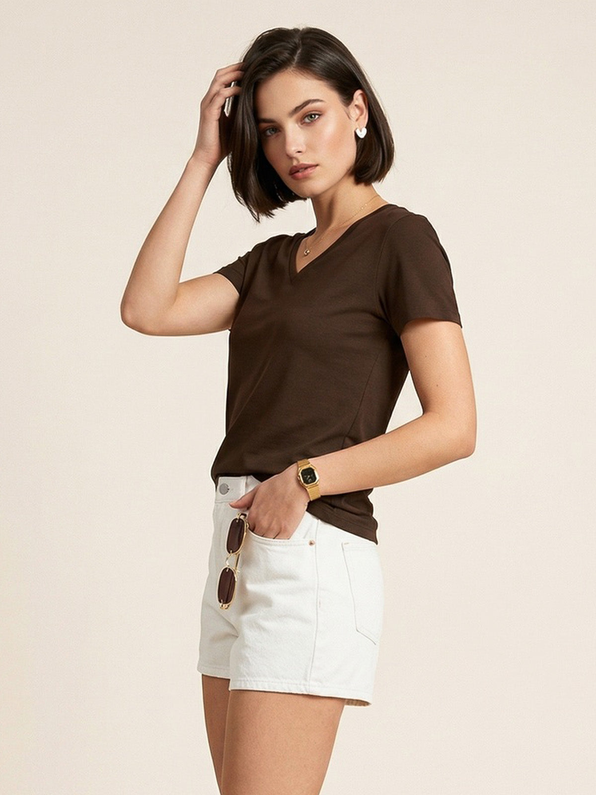 Brown Plain V-Neck Regular Fit T-Shirt