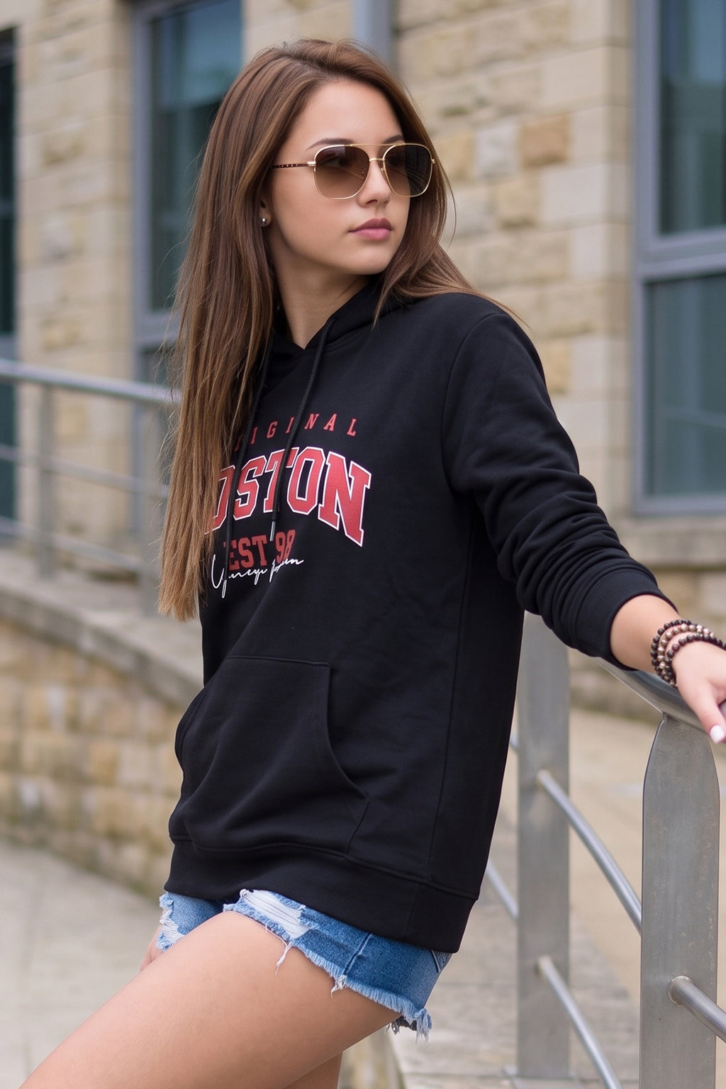 Boston Black Regular Fit Front Printed Hoodie