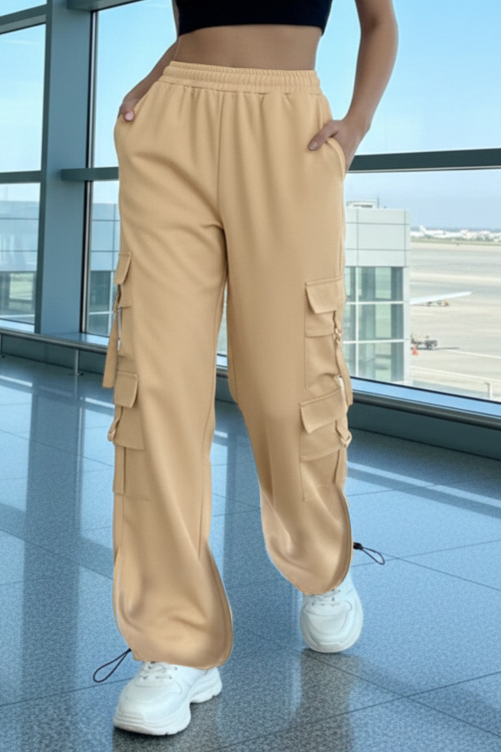 Beige 6-Pocket Drawcord Straight Fit Parachute Pant