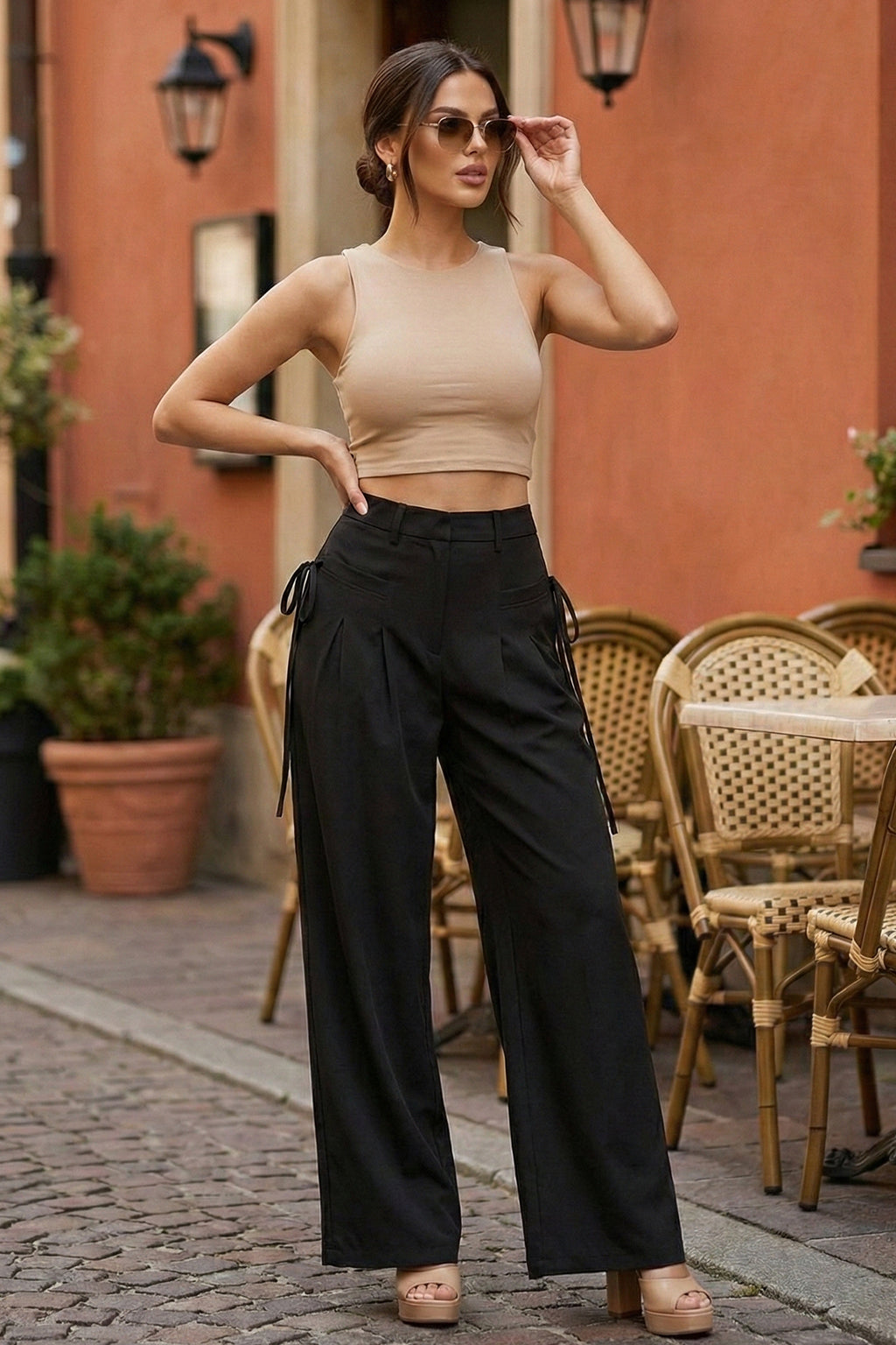 Black HIgh Waist Tailored Wide-Leg Korean Pant