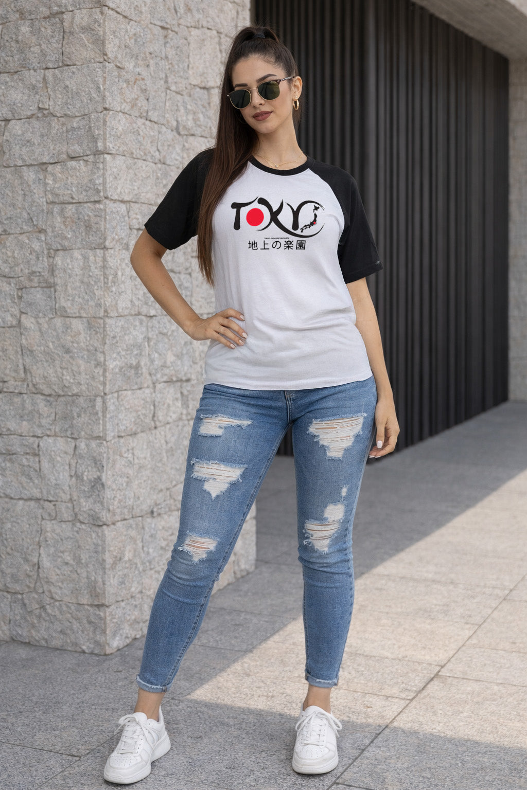 Tokyo Typographic Oversized Fit White Reglan Sleeve T-Shirt