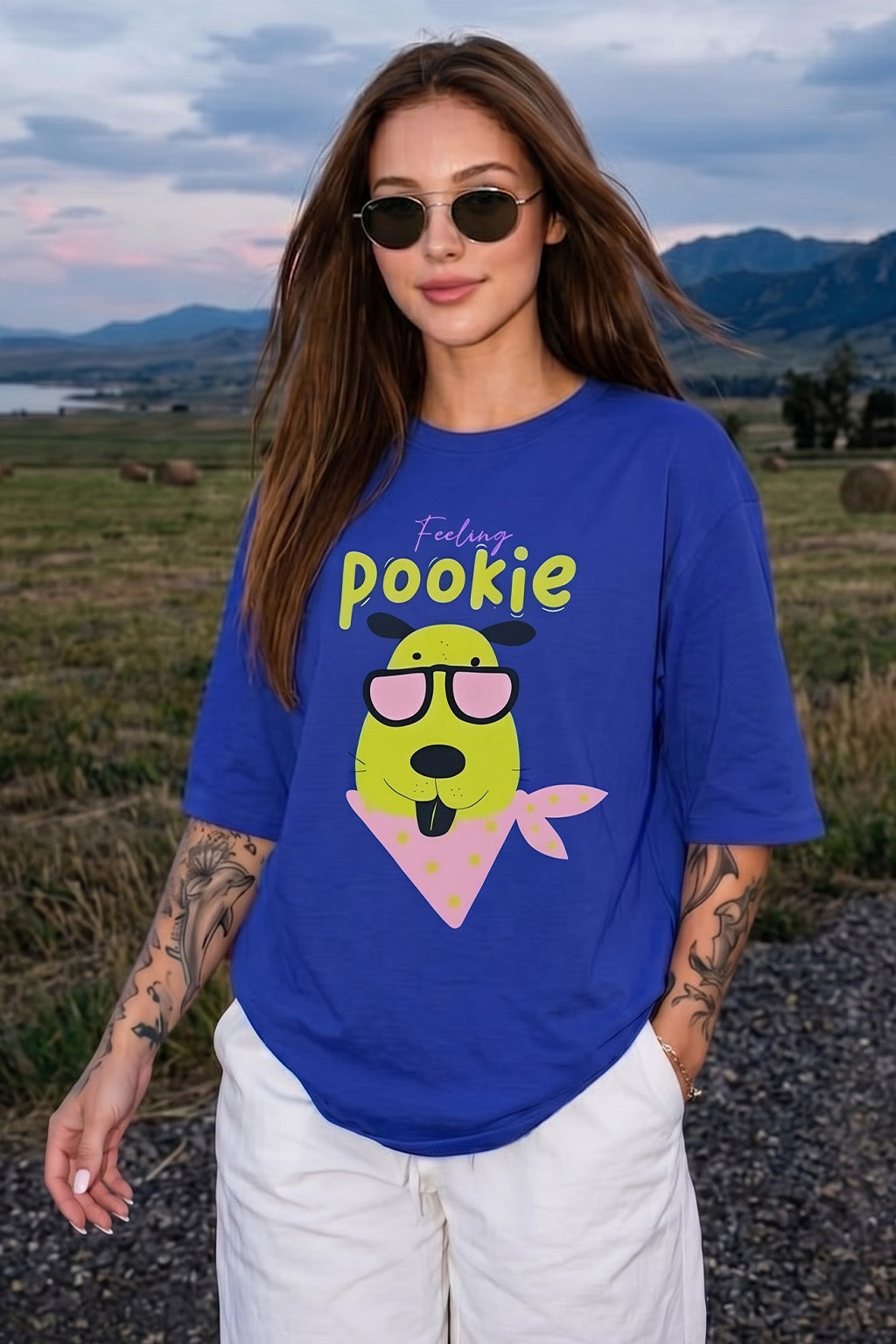Feeling Pookie Royal Blue Oversized Graphic T-Shirt