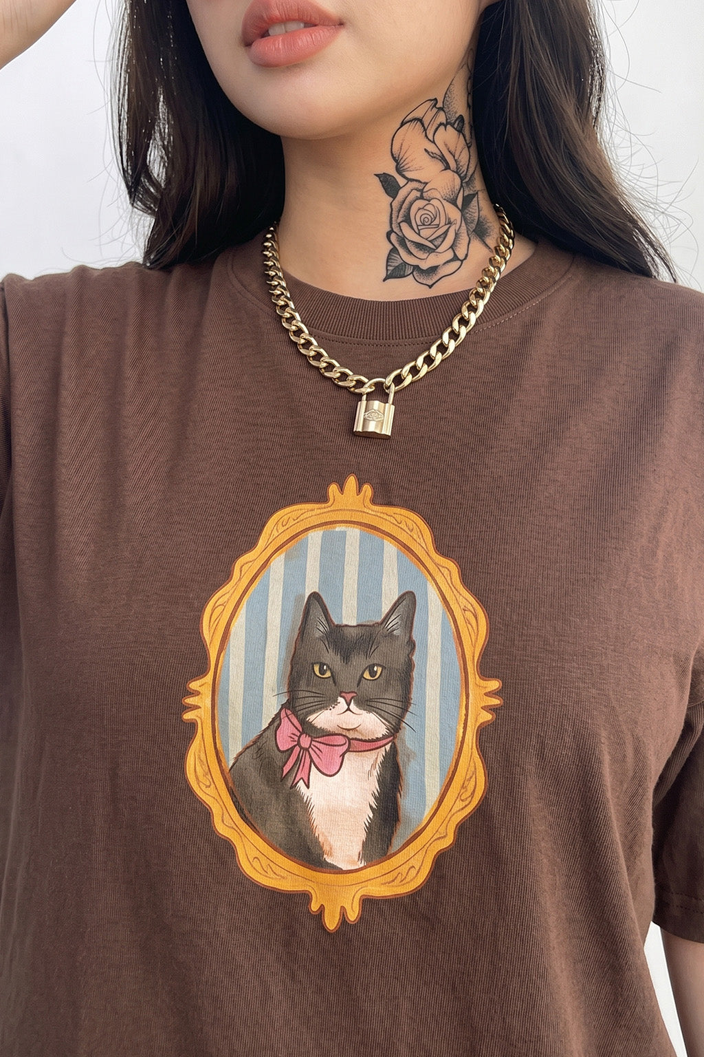 Kitten Brown Oversized Graphic Printed T-Shirt