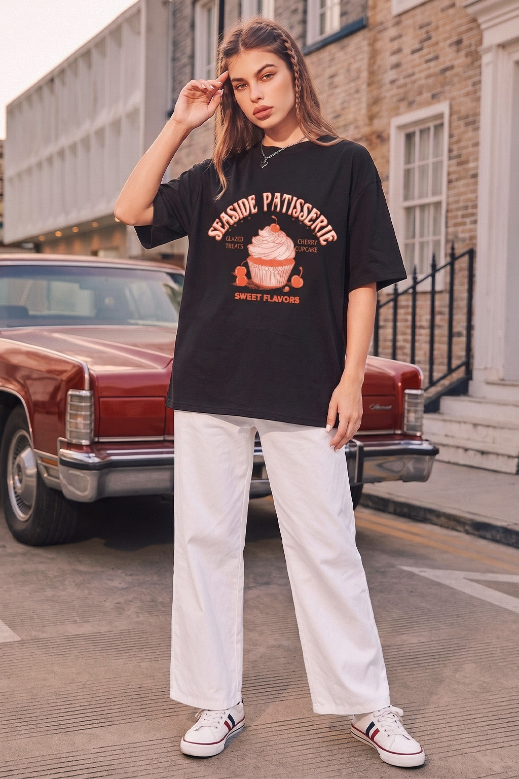 Seaside Patisserie Typographic Printed Oversized Fit Black T-Shirt