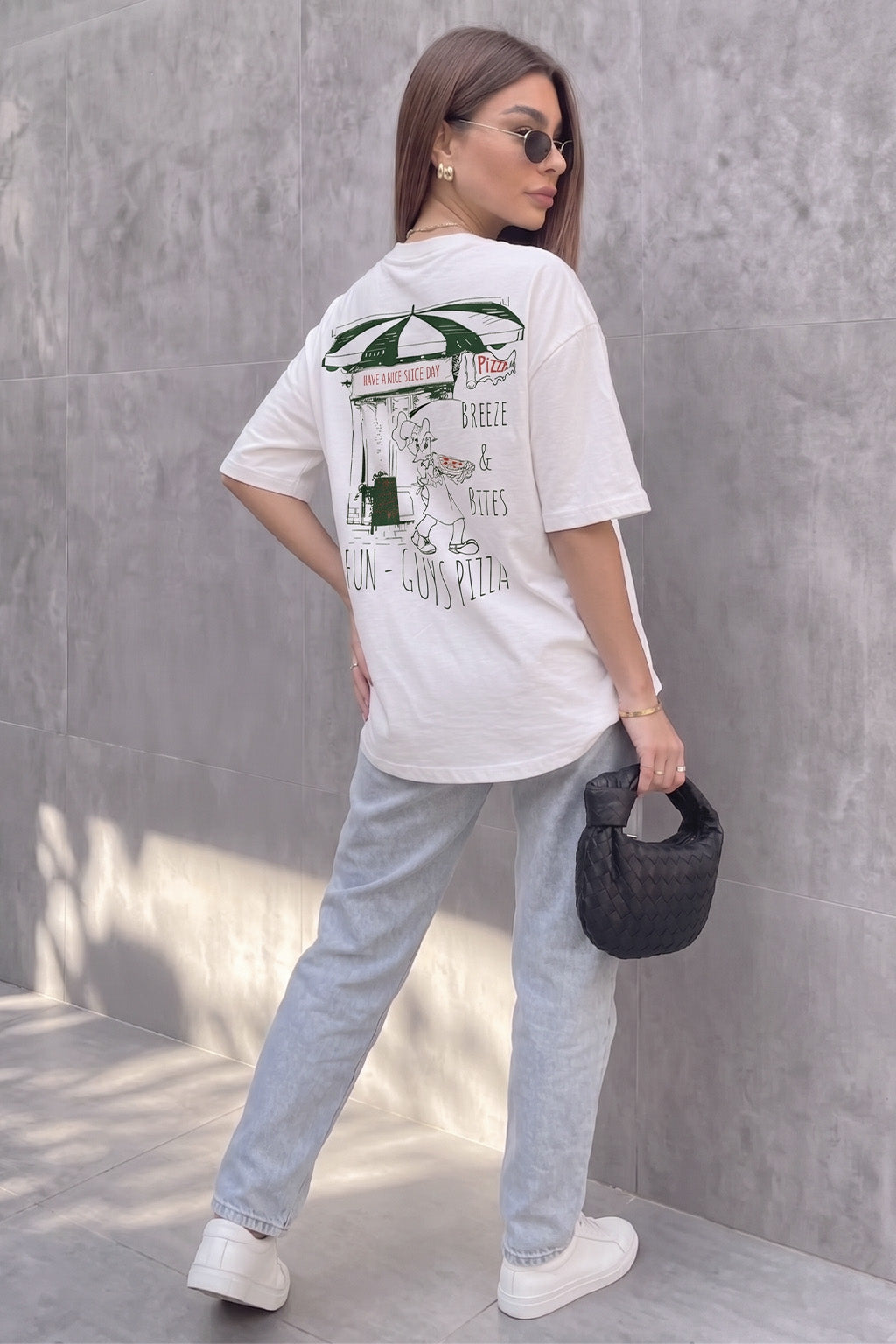Fun Pizza White Oversized Printed T-Shirt