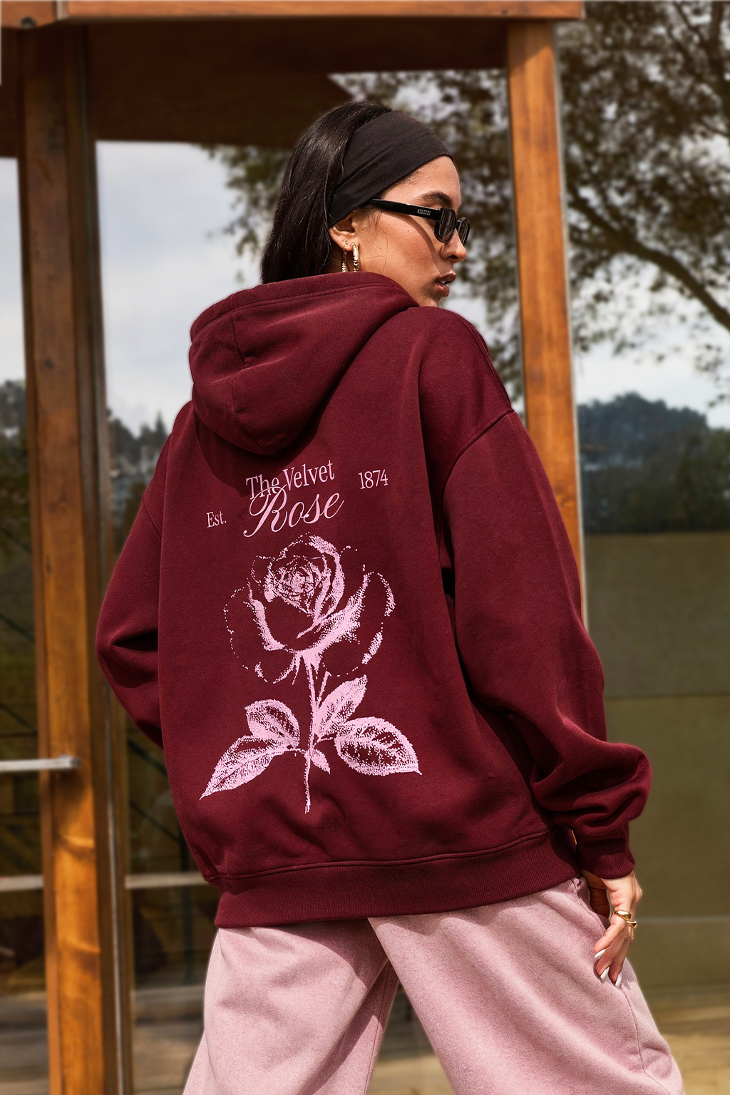 The Velvet Rose Maroon Oversized Printed Hoodie