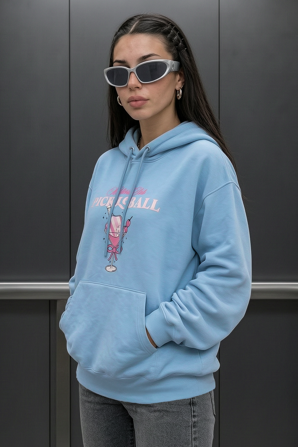 Pickerball Blue Oversized Printed Hoodie