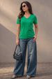 Anthra Green Plain V-Neck Regular Fit T-Shirt