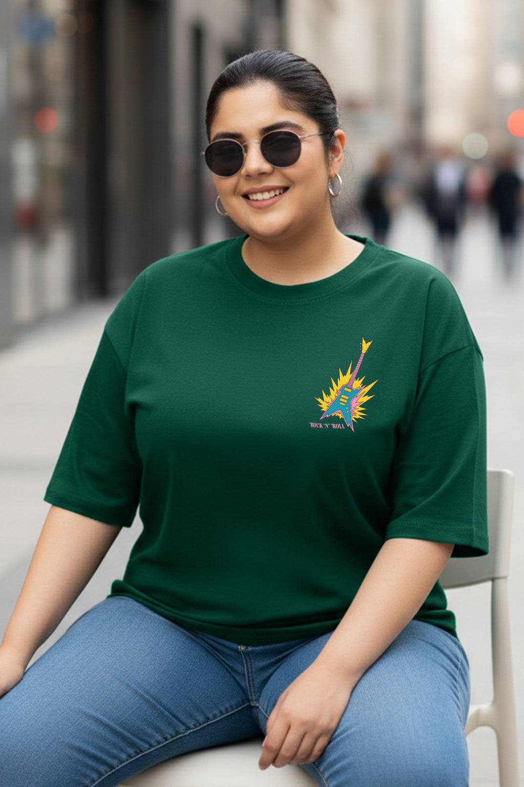 Rock And Roll Green Printed Plus Size T-shirt