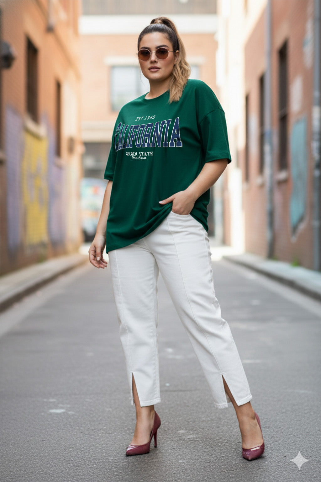 California Green Plus Size Printed T-shirt