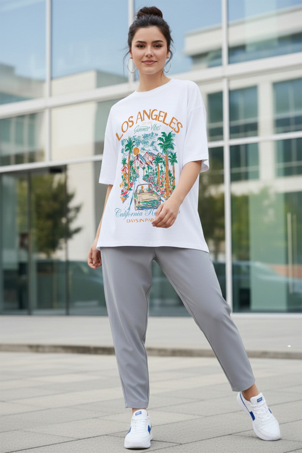 Los Angeles White Oversized Graphic Printed T-Shirt