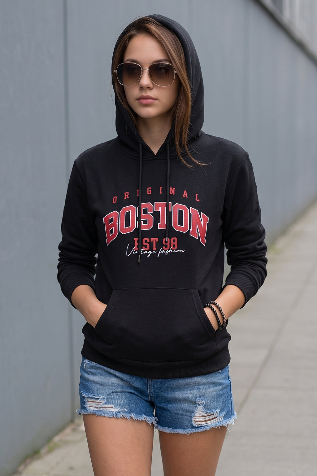 Boston Black Regular Fit Front Printed Hoodie
