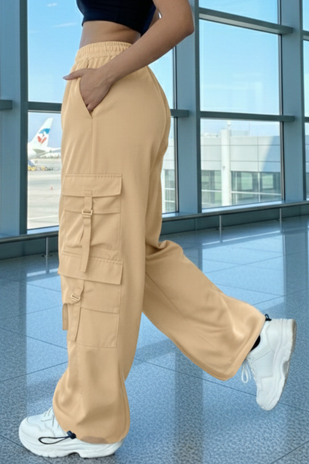 Beige 6-Pocket Drawcord Straight Fit Parachute Pant
