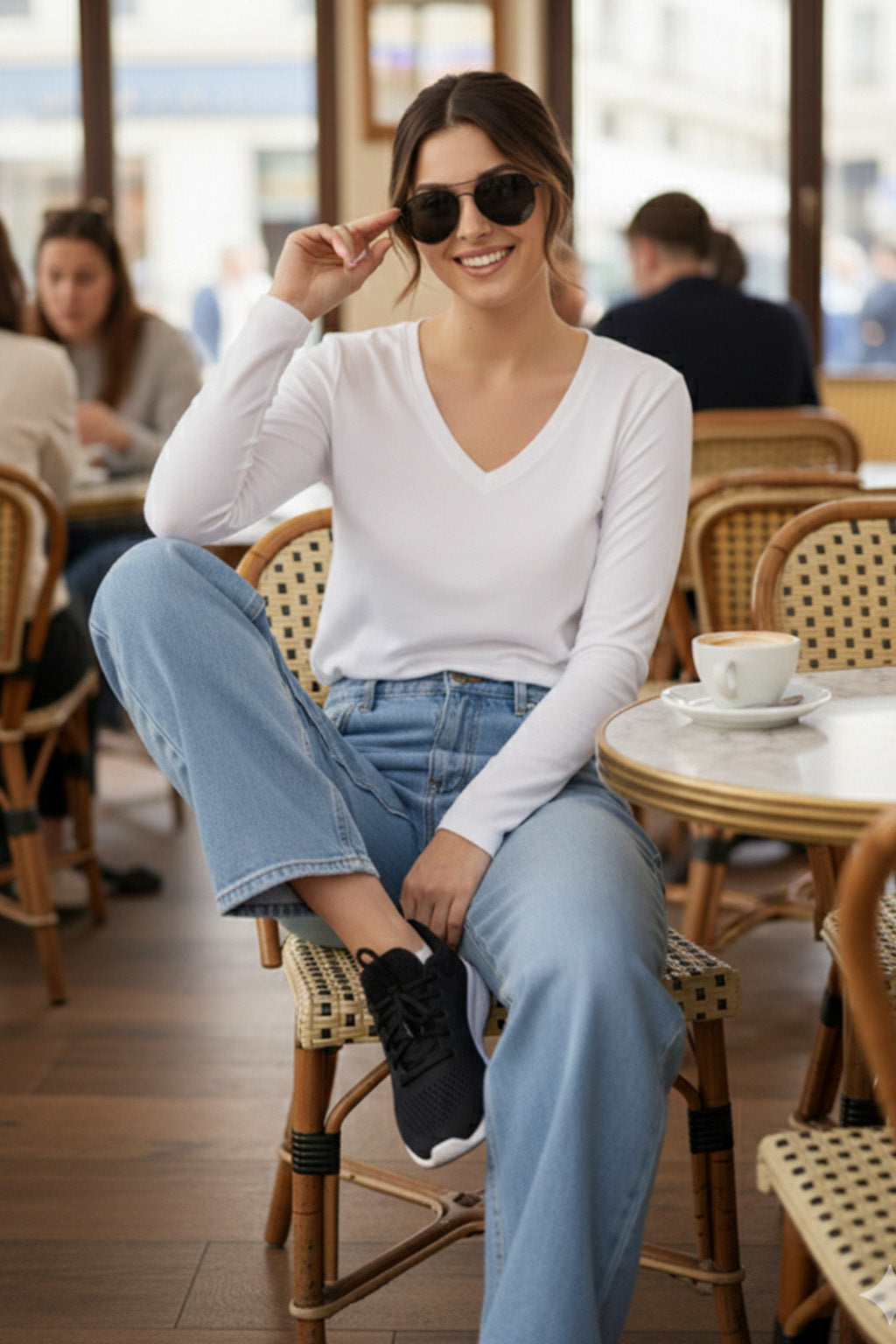 White V-Neck Plain Full Sleeve Regular Fit T-Shirt