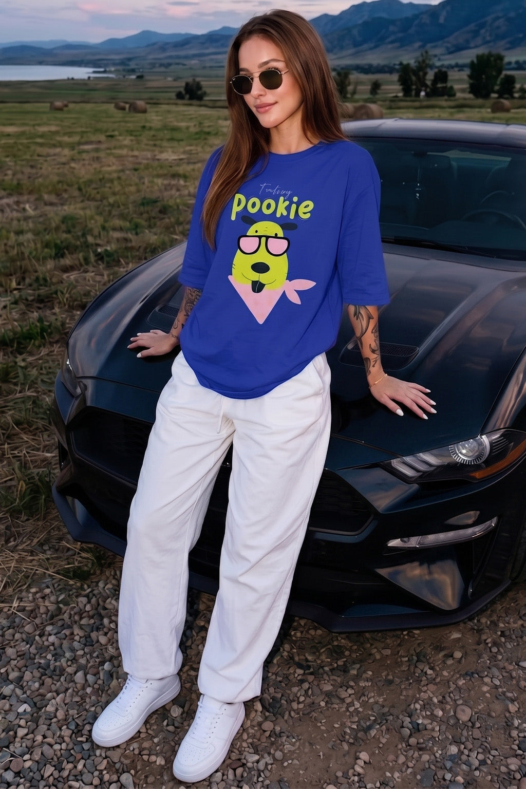 Feeling Pookie Royal Blue Oversized Graphic T-Shirt