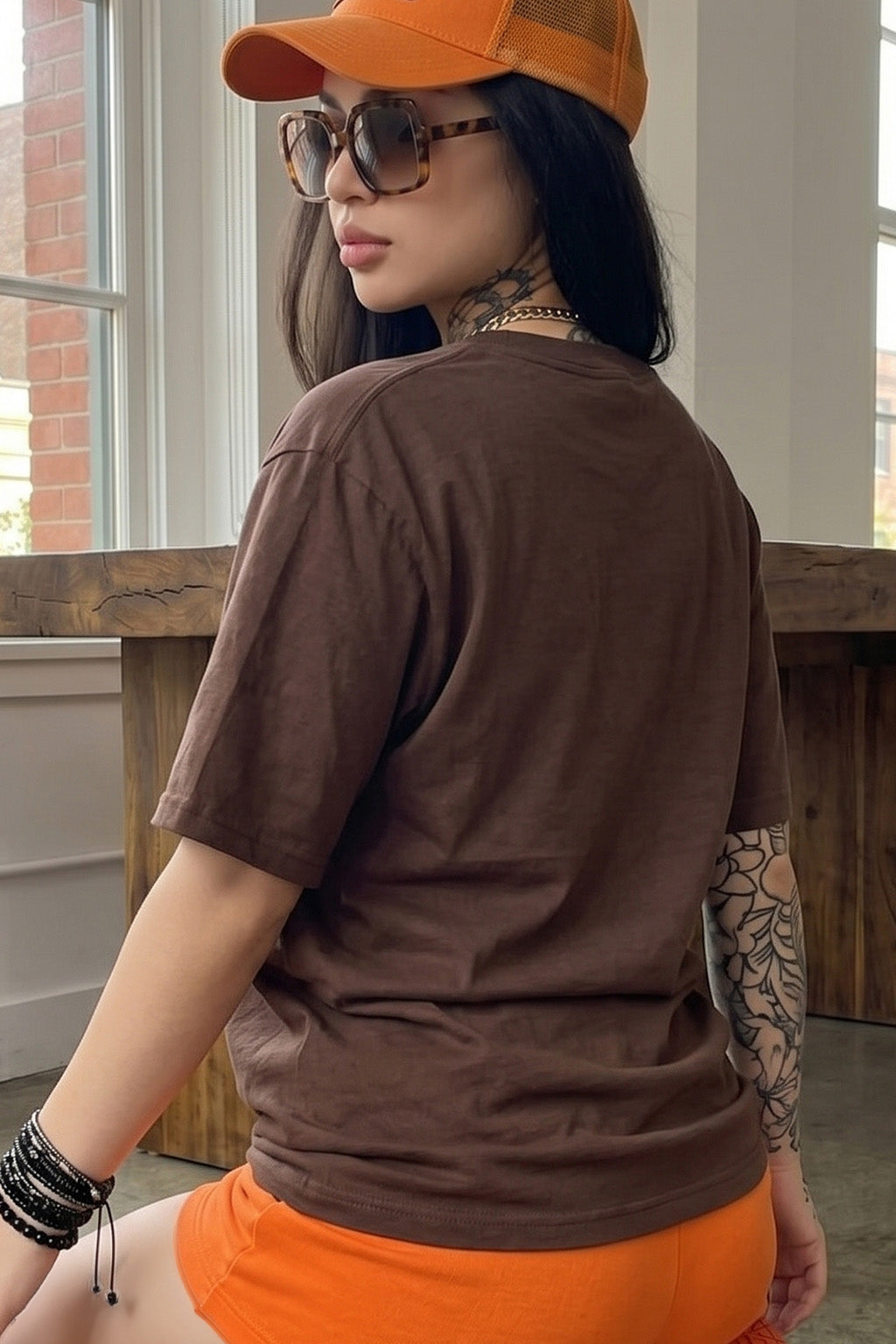 Kitten Brown Oversized Graphic Printed T-Shirt