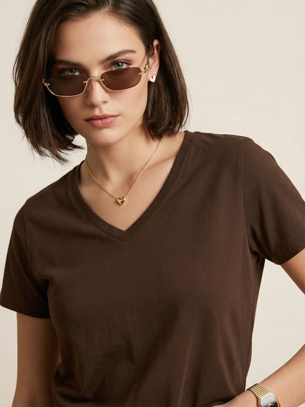 Brown Plain V-Neck Regular Fit T-Shirt