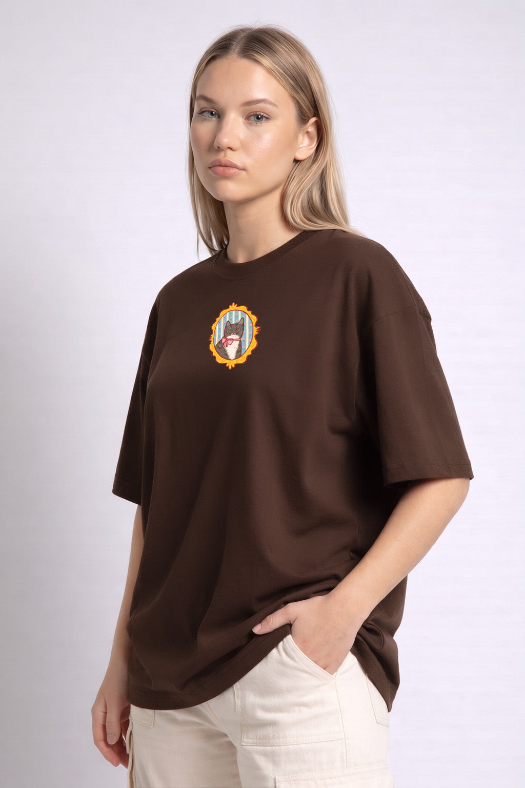 Kitten Brown Oversized Graphic Printed T-Shirt