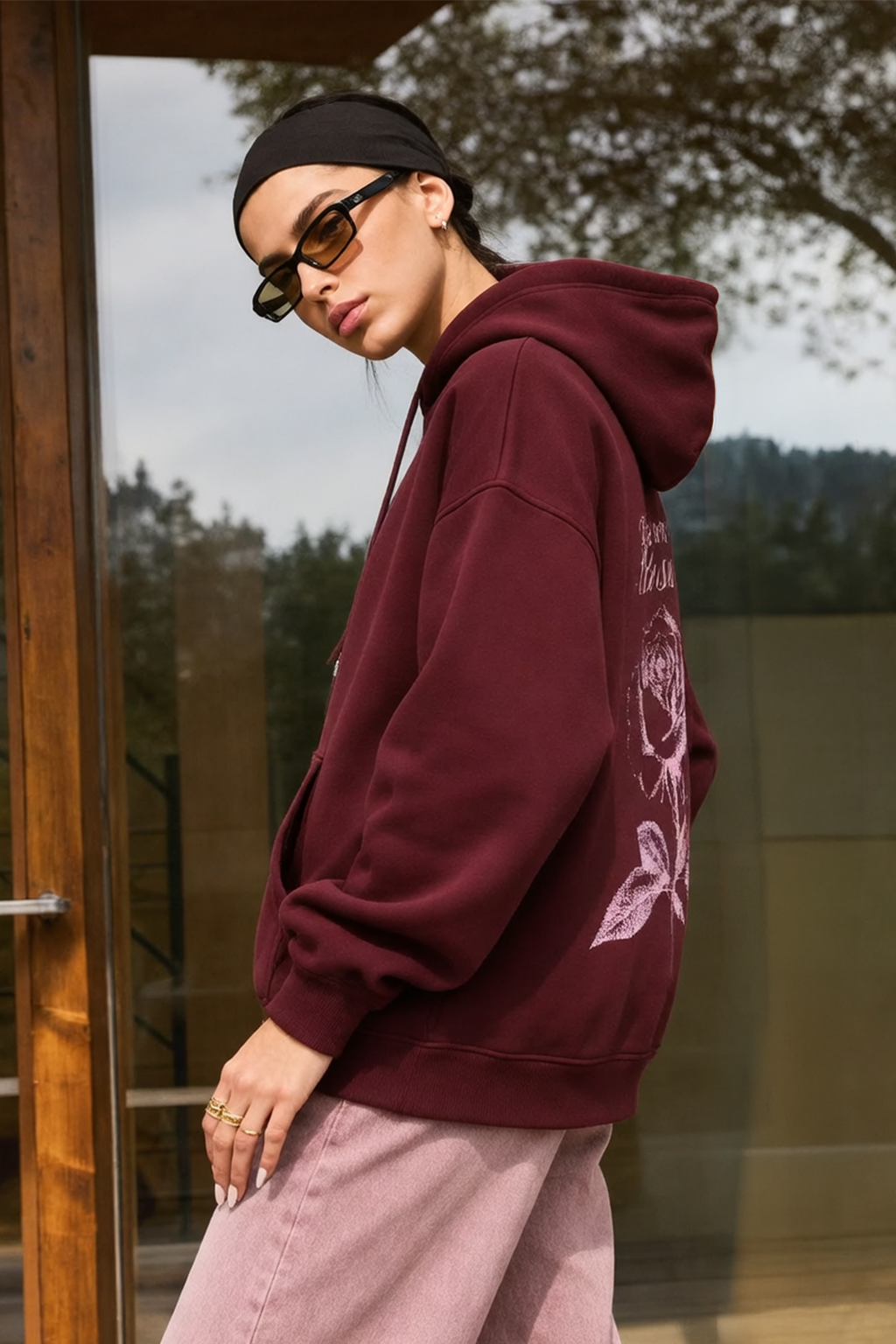 The Velvet Rose Maroon Oversized Printed Hoodie