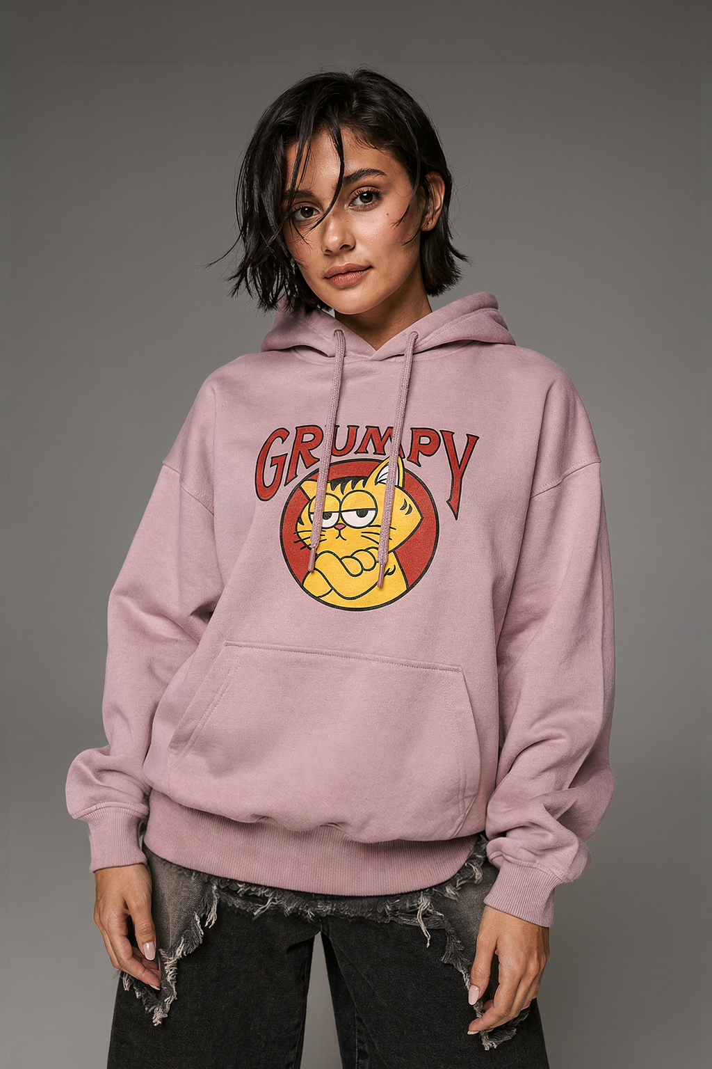 Grumpy Pink Oversized Printed Hoodie