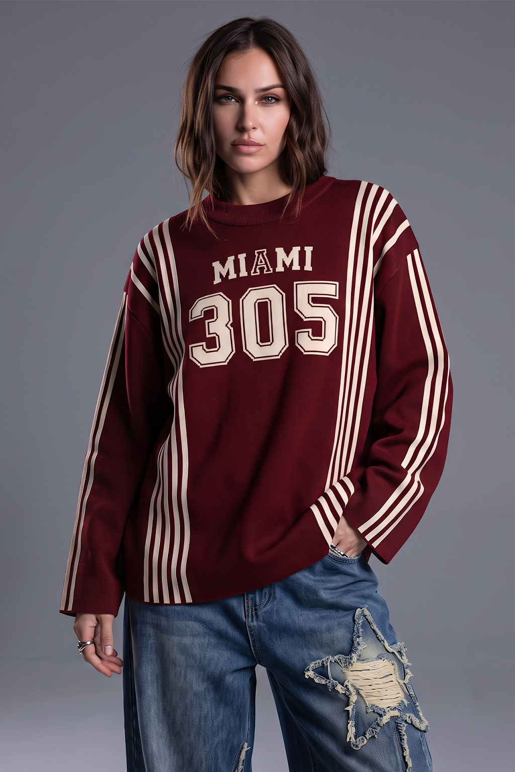 Miami Maroon Flatknit Striped Sweatshirt