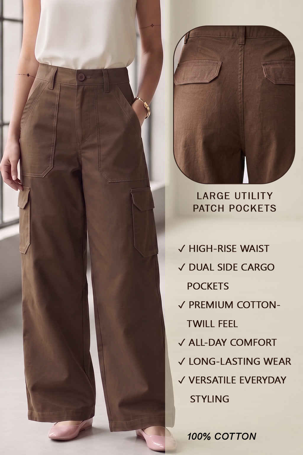 Brown Structured 5 Pocket Straight Fit Woven Cargo