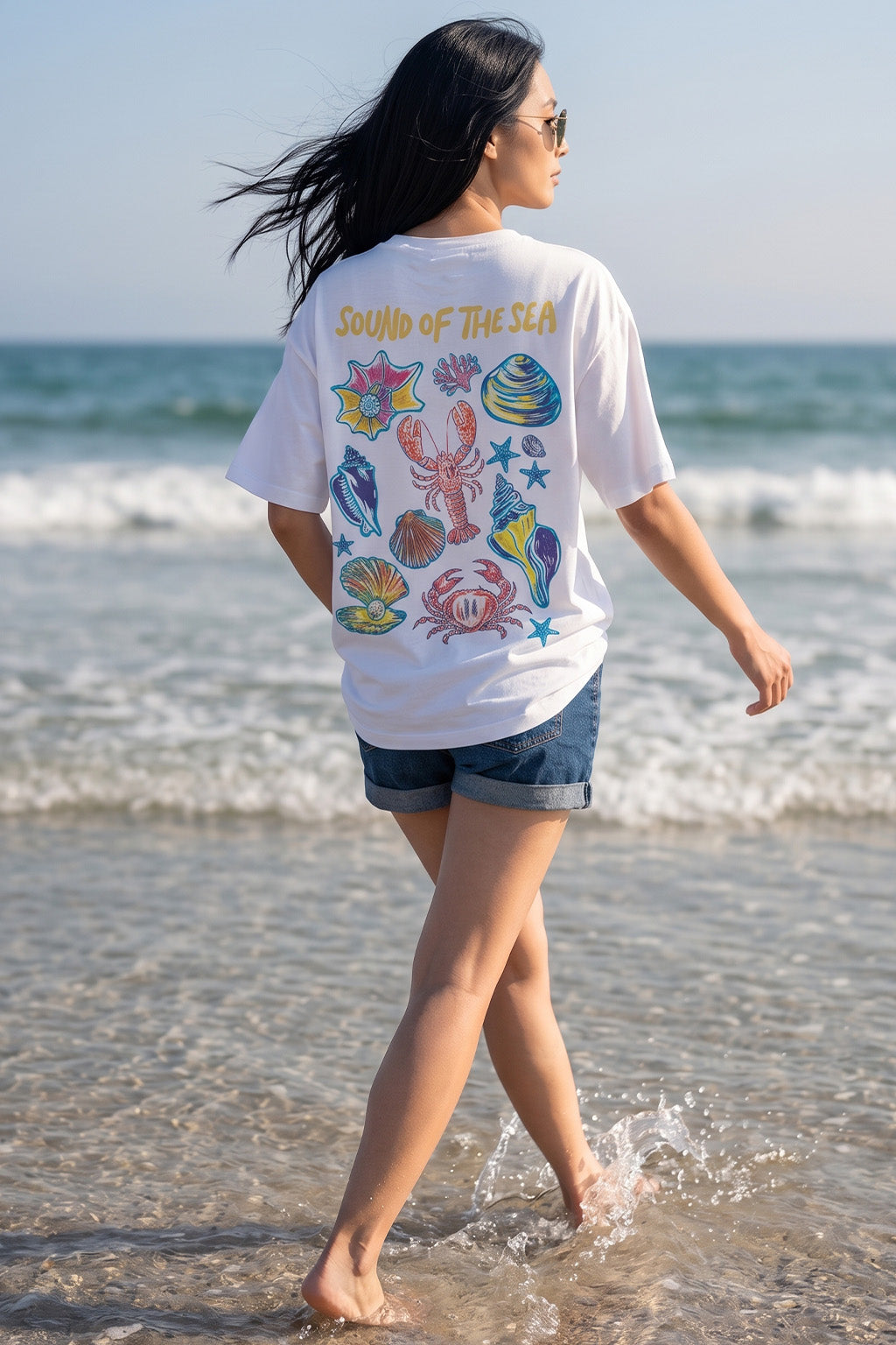Sound Of Sea White Graphic Printed Oversized T-Shirt
