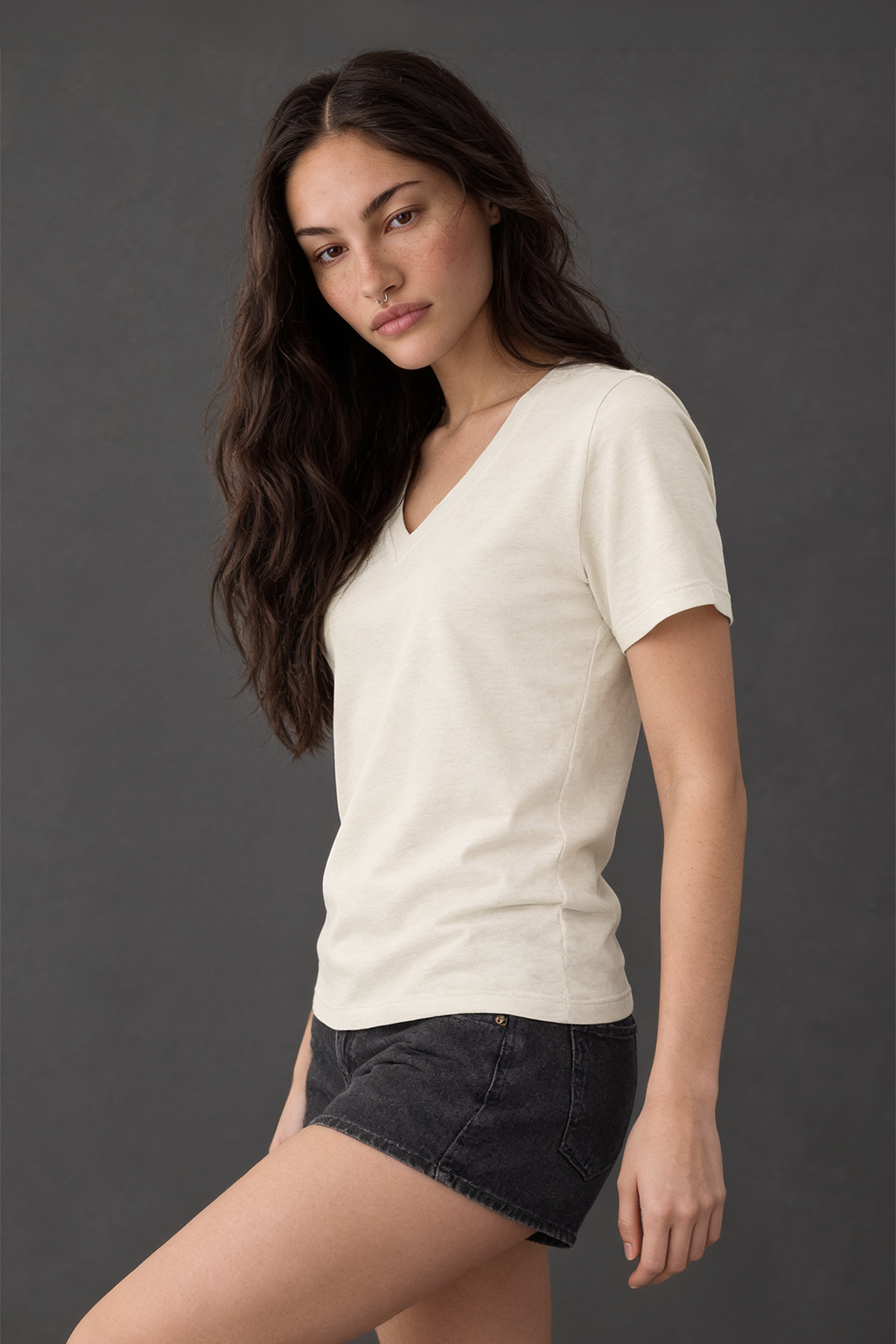 Off White Plain V-Neck Regular Fit T-Shirt